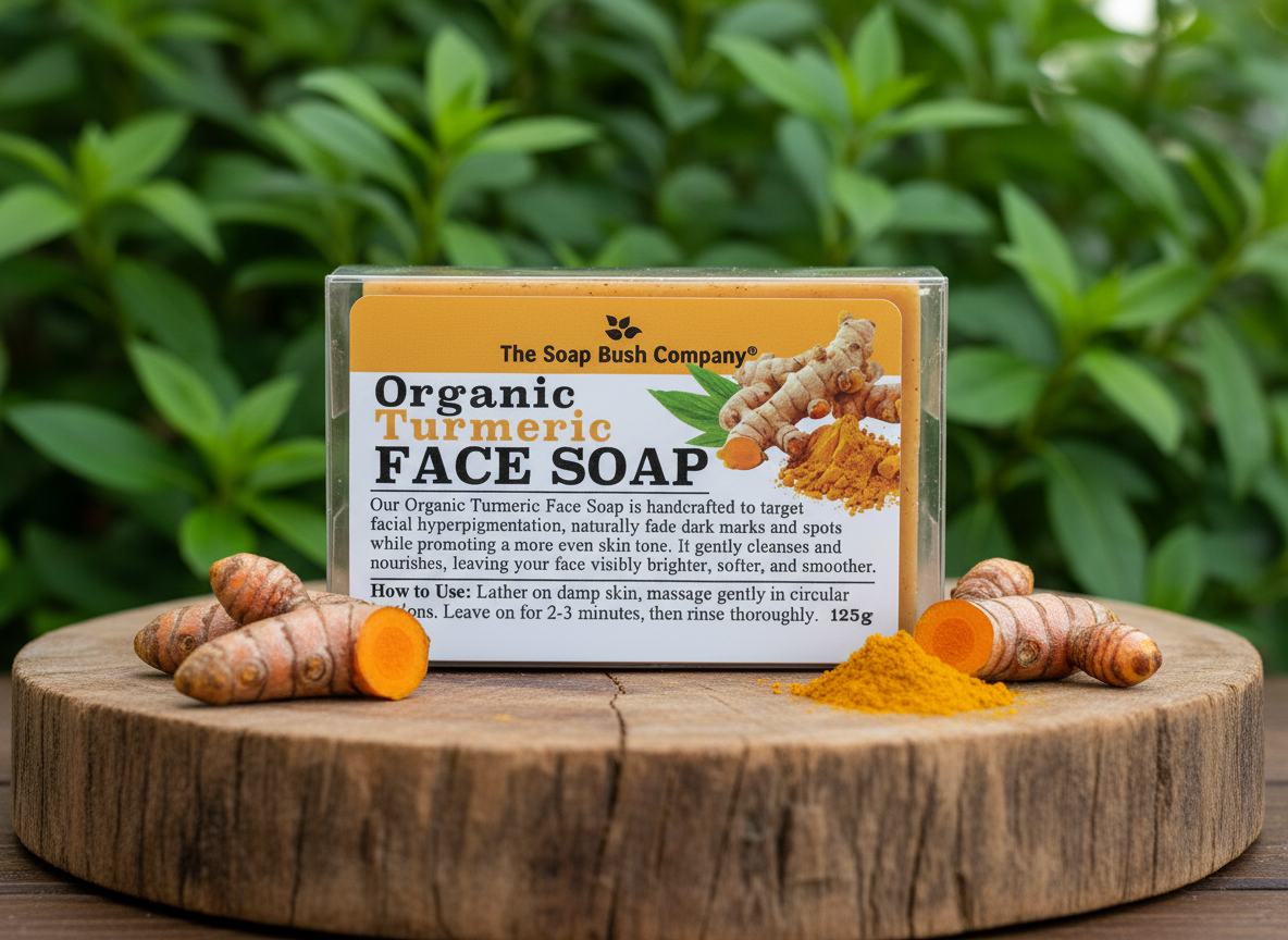 Organic turmeric face soap from The Soap Bush Company on a wooden platform with turmeric roots and powder. Helps Control Facial Hyperpigmentation, Naturally Fade Dark Marks and Spots. Provides a more radiant complexion. Struggling with dark spots, acne, or uneven skin tone? Our Organic Turmeric Face Soap is handcrafted to calm inflammation, fade hyperpigmentation, and restore your natural glow using only pure, plant-based ingredients.